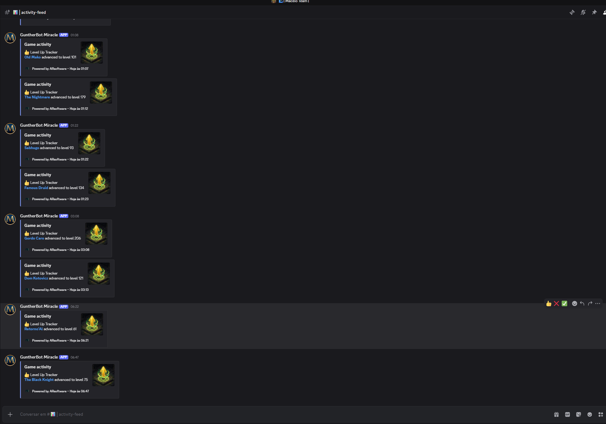 Captura real do Activity Feed do GuntherBot no Discord